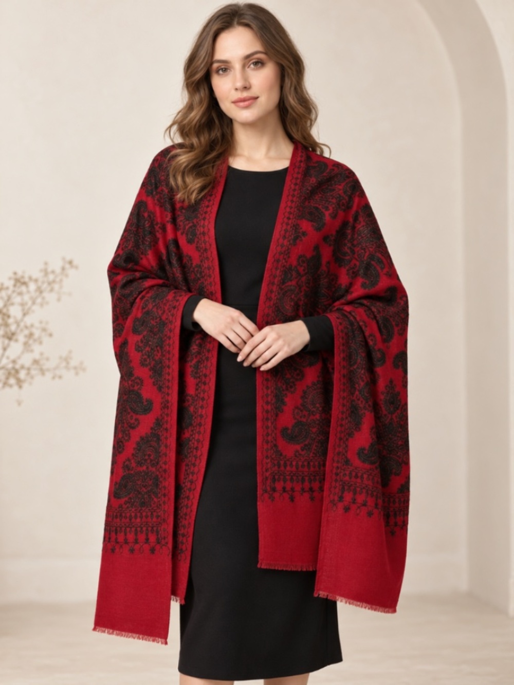 NEW Pashmina Blend Oversized Shawl Wrap, Black/Red, 40"x80" - Picture 4 of 9